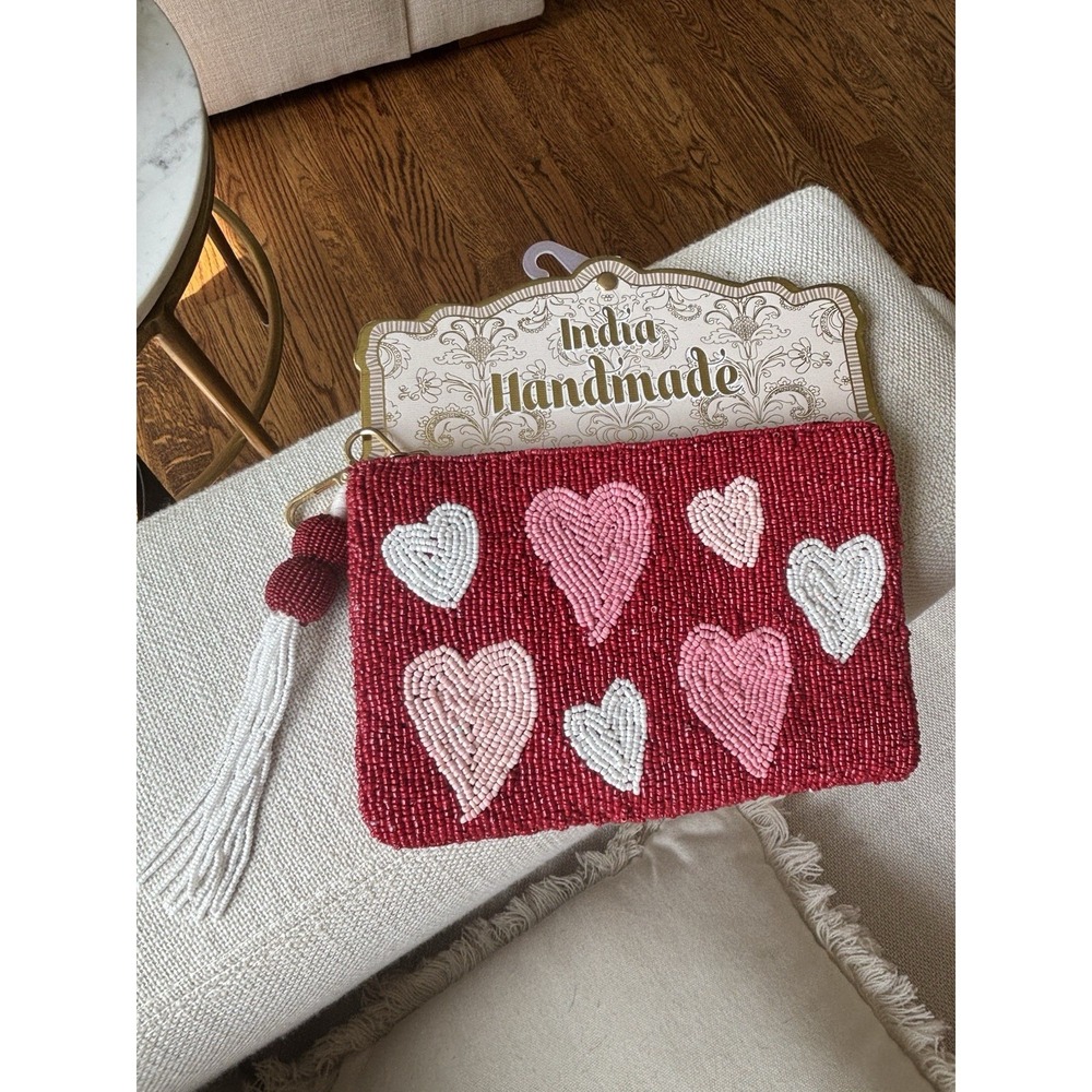 India Handmade Beaded Wristlet Pouch Red With Hearts NWT Tassel Love Cute